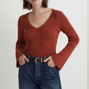 Madewell Sweater Flared Bell Sleeve V-Neck Clay Sz M Knit Ribbed Pullover